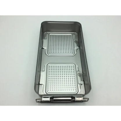 Silver stainless steel sterilization container with two perforated compartments and handle five-level solid base 28639