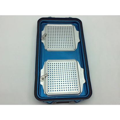 Blue DePuy 62.019.005 sterilization container with five-level solid base 28639 and two silver perforated metal inserts