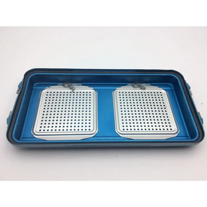Blue DePuy Synthes sterilization container two level solid base with two silver perforated metal inserts
