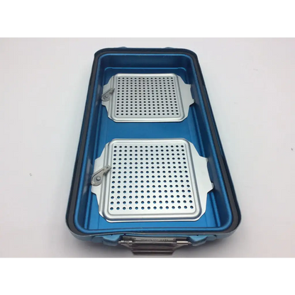 Depuy synthes sterilization container two level solid base with blue tray and two silver perforated metal inserts