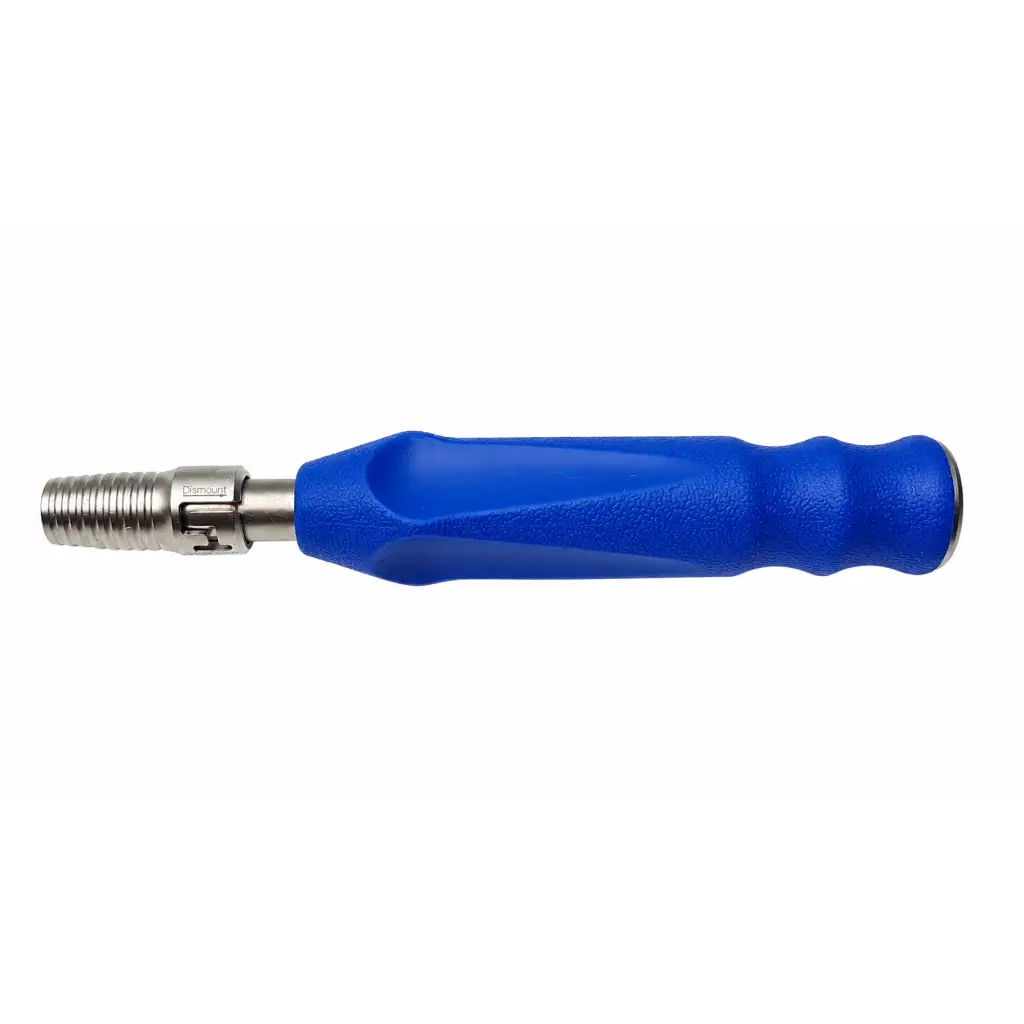 Blue ergonomic grip surgical driver instrument with metallic threaded end and dismount branding biomed certified