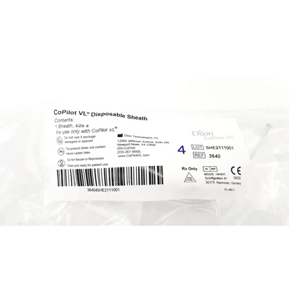 White plastic package containing a dilon copiiot vl disposable sheath size 4 for single use and protection