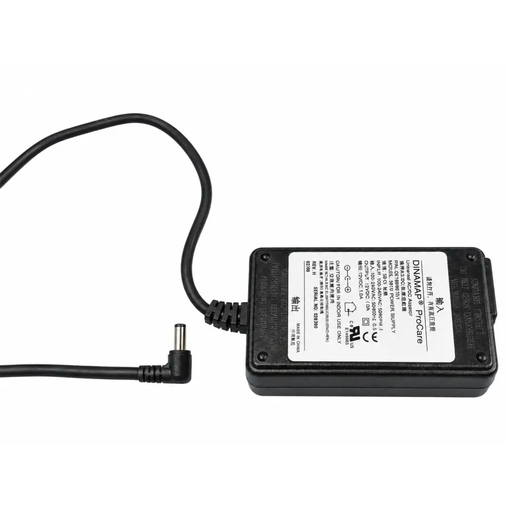 Black plastic power supply adapter with coiled cable and angled connector for dinamap procare 3610 device