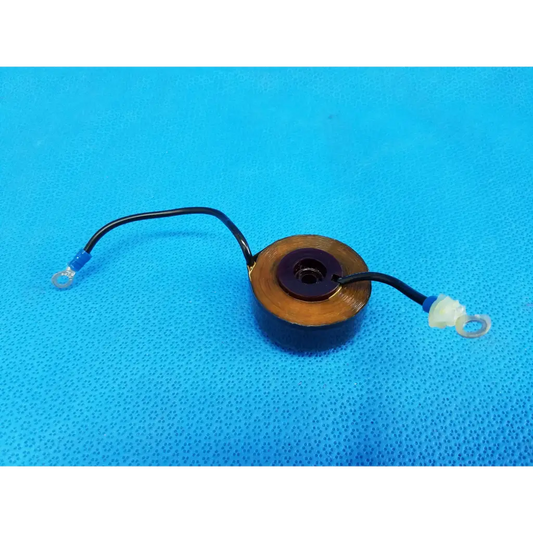 Copper-colored cylindrical toroidal current transformer sensor coil with black wires and blue insulation for current transformer use