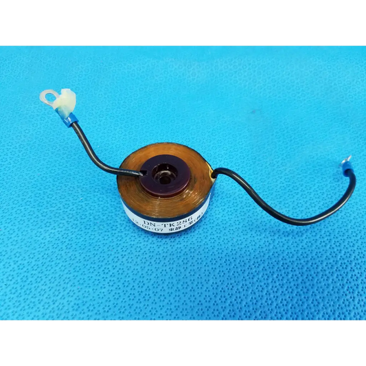 Brown copper-wound toroidal current transformer sensor coil with black insulated wires and model number dn-tk28g label