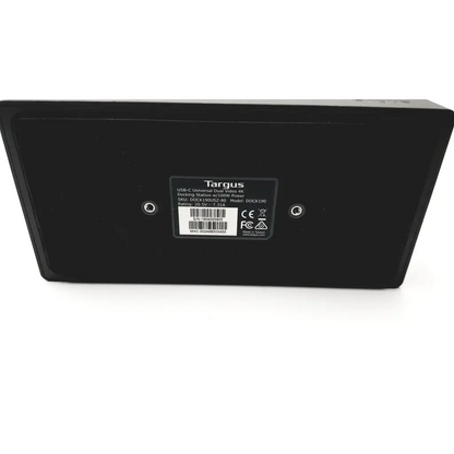 Black Targus Dock190 USB-C universal dual video 4K docking station with matte finish and labeled rear panel specifications