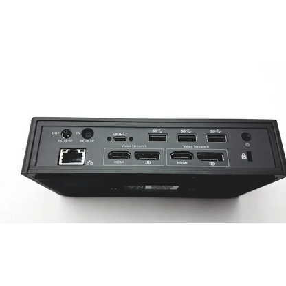 Black rectangular docking station back side with multiple ports including hdmi usb-c ethernet for universal dual video 4k docking