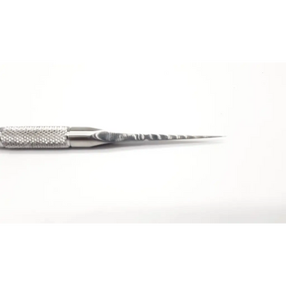 Silver metal dow corning wright intramedullary broach with textured grip and twisted pointed tip for surgical use