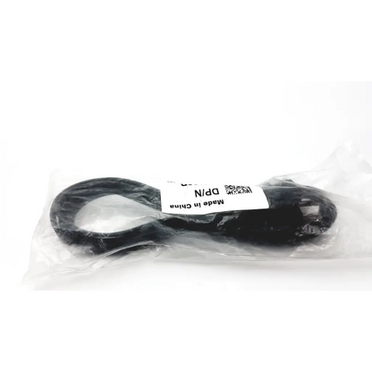 Black coiled 6-foot power cord cable wrapped in clear plastic with made in china label and qr code dpn 05120p