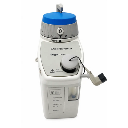 White dräger d-vapor anesthesia vaporizer with blue gray top labeled desflurane biomed certified for medical use