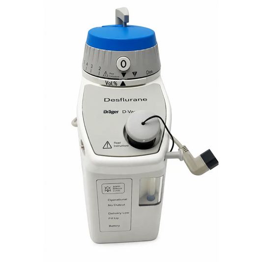 White dräger d-vapor anesthesia vaporizer with blue gray top labeled desflurane for medical use