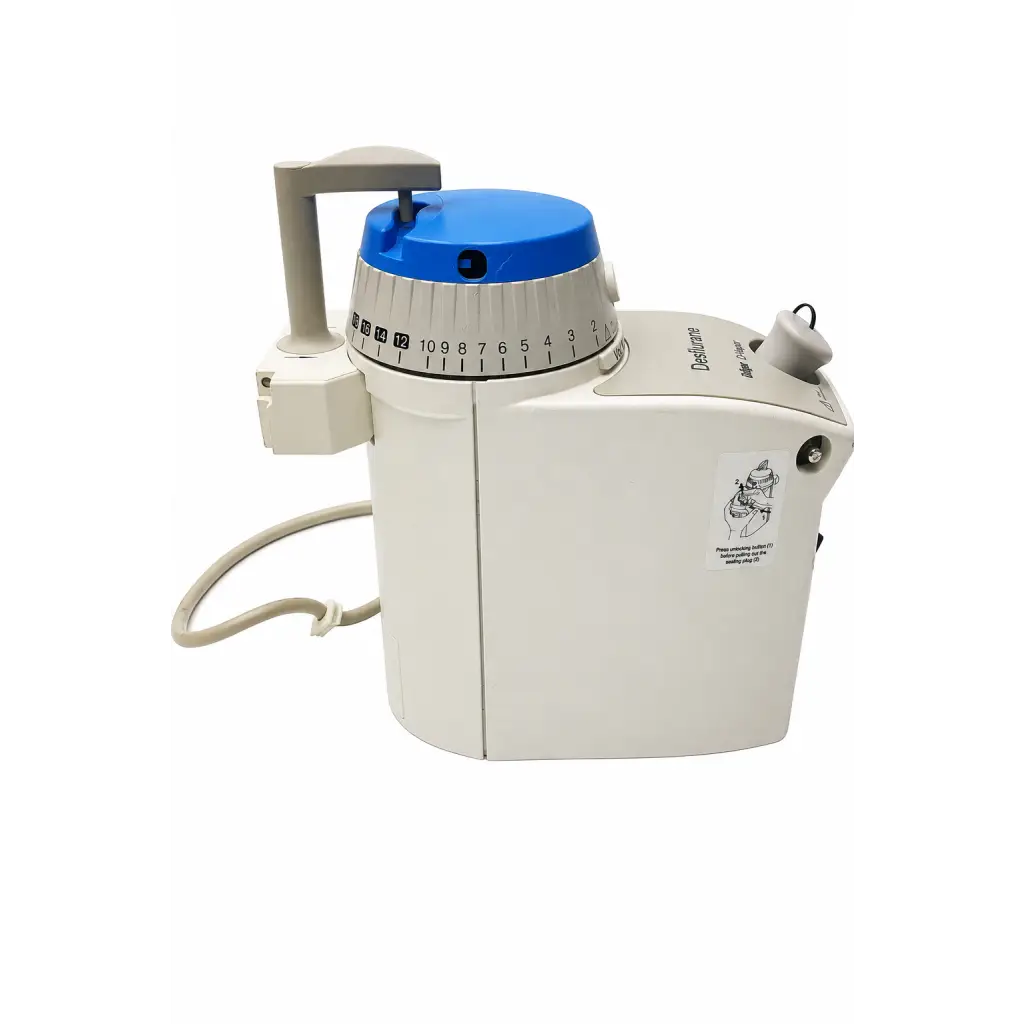 White and blue biomed certified Dräger D-Vapor anesthesia vaporizer with dial labeled delsys on its side