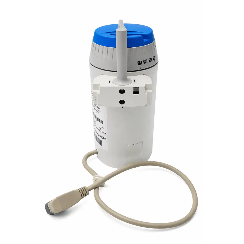 White cylindrical dräger d-vapor biomed certified anesthesia vaporizer with blue lid gray dial and beige power cord
