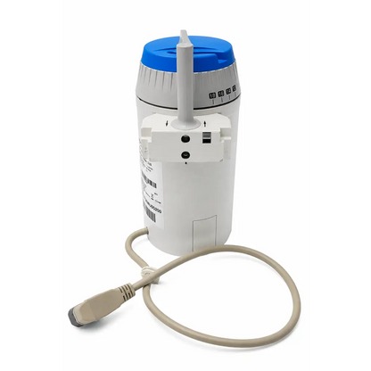 White cylindrical dräger d-vapor biomed certified anesthesia vaporizer with blue lid gray dial and beige power cord