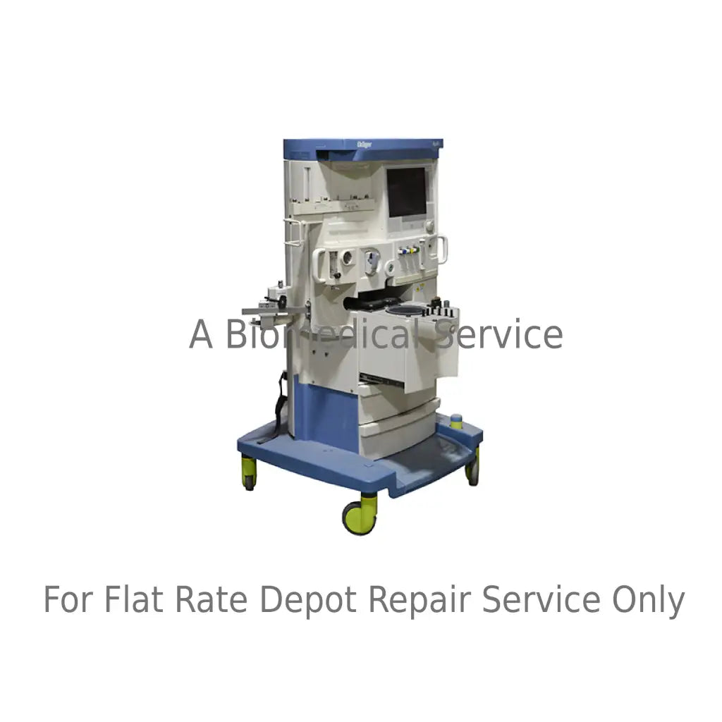 Blue and white medical ventilator on wheeled cart for drager apollo anesthesia machine repair service flat-rate repair