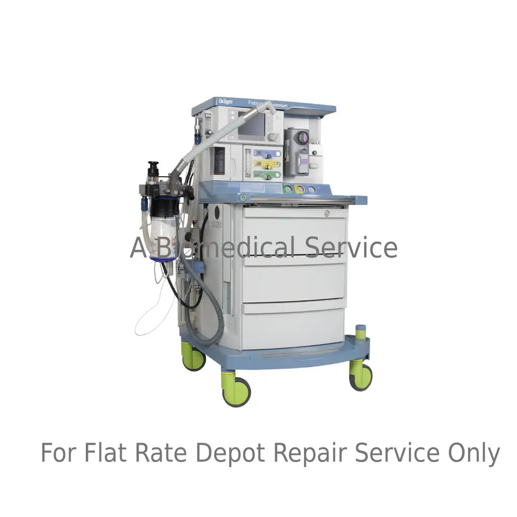 Blue and white drager fabius gs premium anesthesia machine with digital panel and green wheels medical equipment repair service