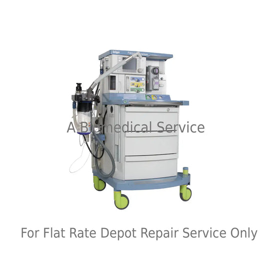 Blue and white drager fabius gs premium anesthesia machine with digital panel and green wheels medical equipment repair service