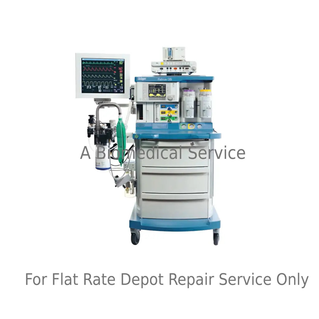 Blue and gray drager fabius os anesthesia machine with monitors and tubing for medical equipment repair service flat-rate repair