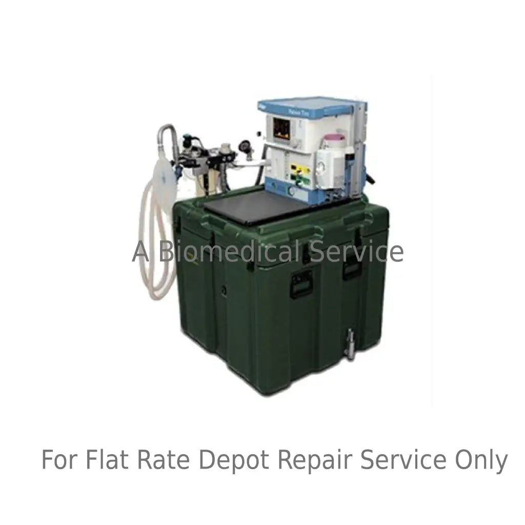 Green hard-shell transport case with drager fabius tiro m medical equipment mounted for flat-rate repair service