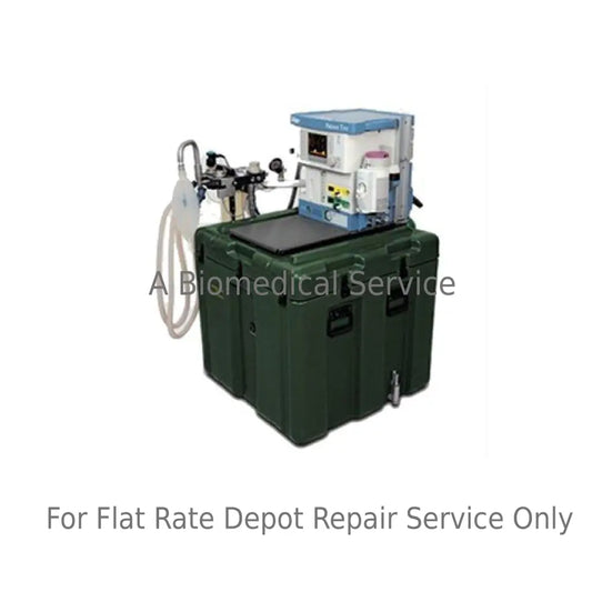 Green hard-shell transport case with drager fabius tiro m medical equipment mounted for flat-rate repair service