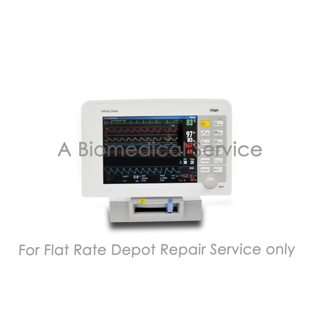 White drager infinity delta patient monitor with vital signs display and control panel for medical equipment repair service