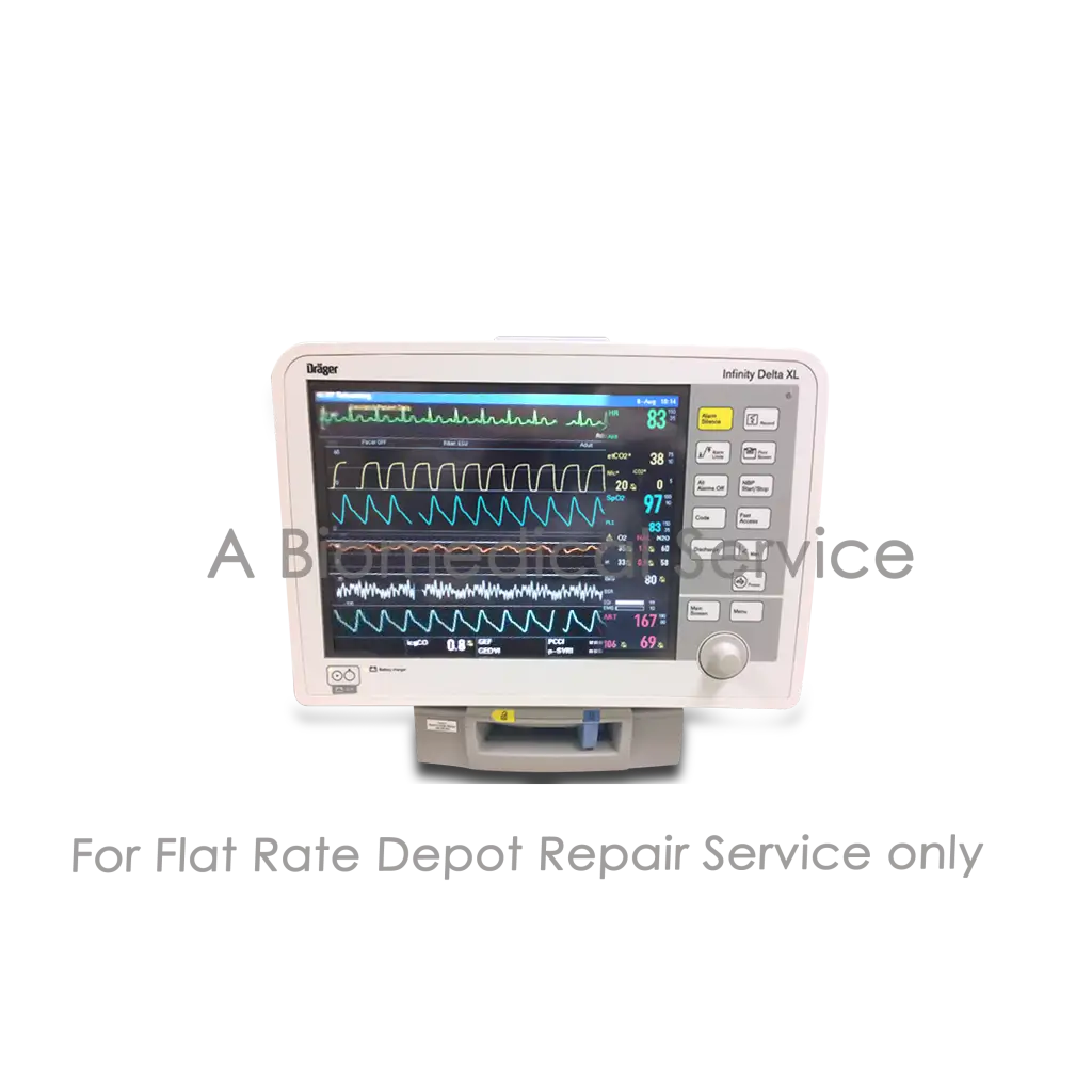 White drager infinity delta xl medical monitor displaying vital signs for patient monitor repair service of medical equipment