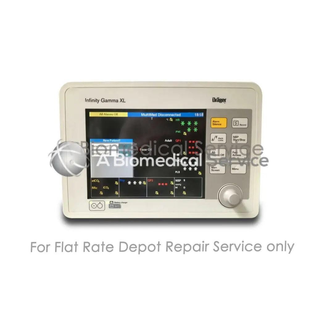 Cream-colored drager infinity gamma xl medical monitor with touchscreen showing patient vitals for repair service