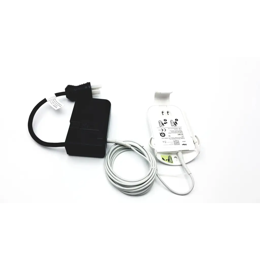 Black power adapter with coiled white charging cable and white wall-mounted charger for drager ms29558 patient telemetry bedside charge meso1004a1918
