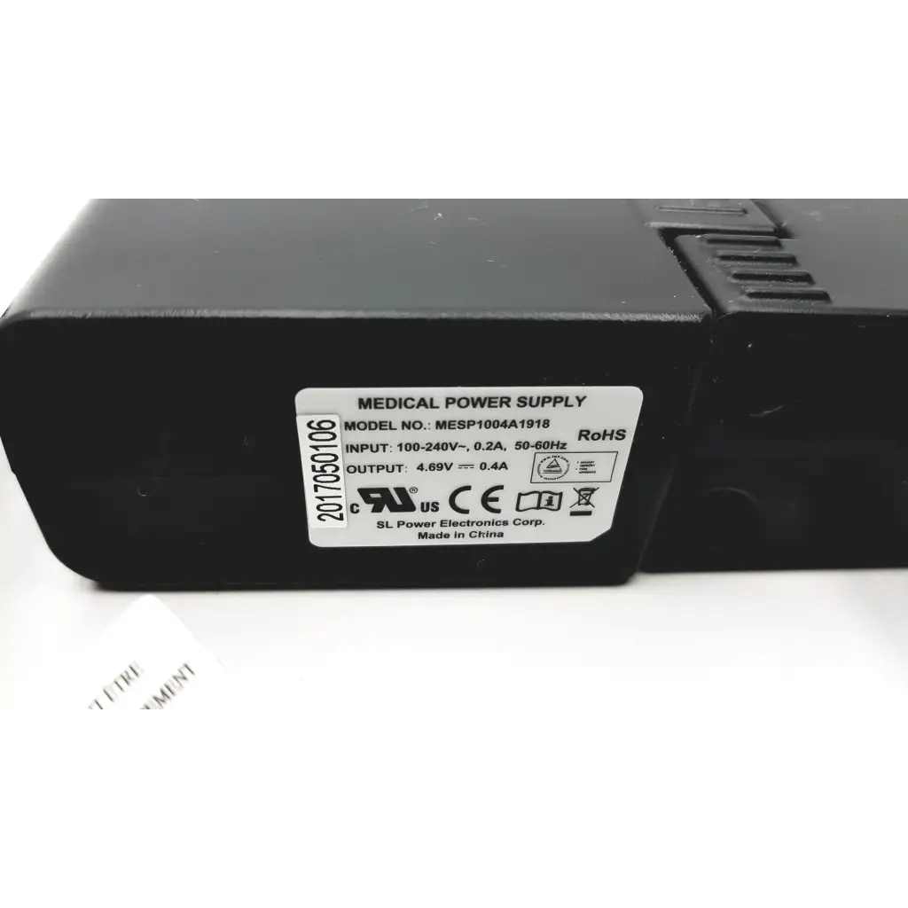 Black rectangular medical power supply unit with white label model mesp1004a1918 for drager ms29558 patient telemetry bedside charge meso1004a1918