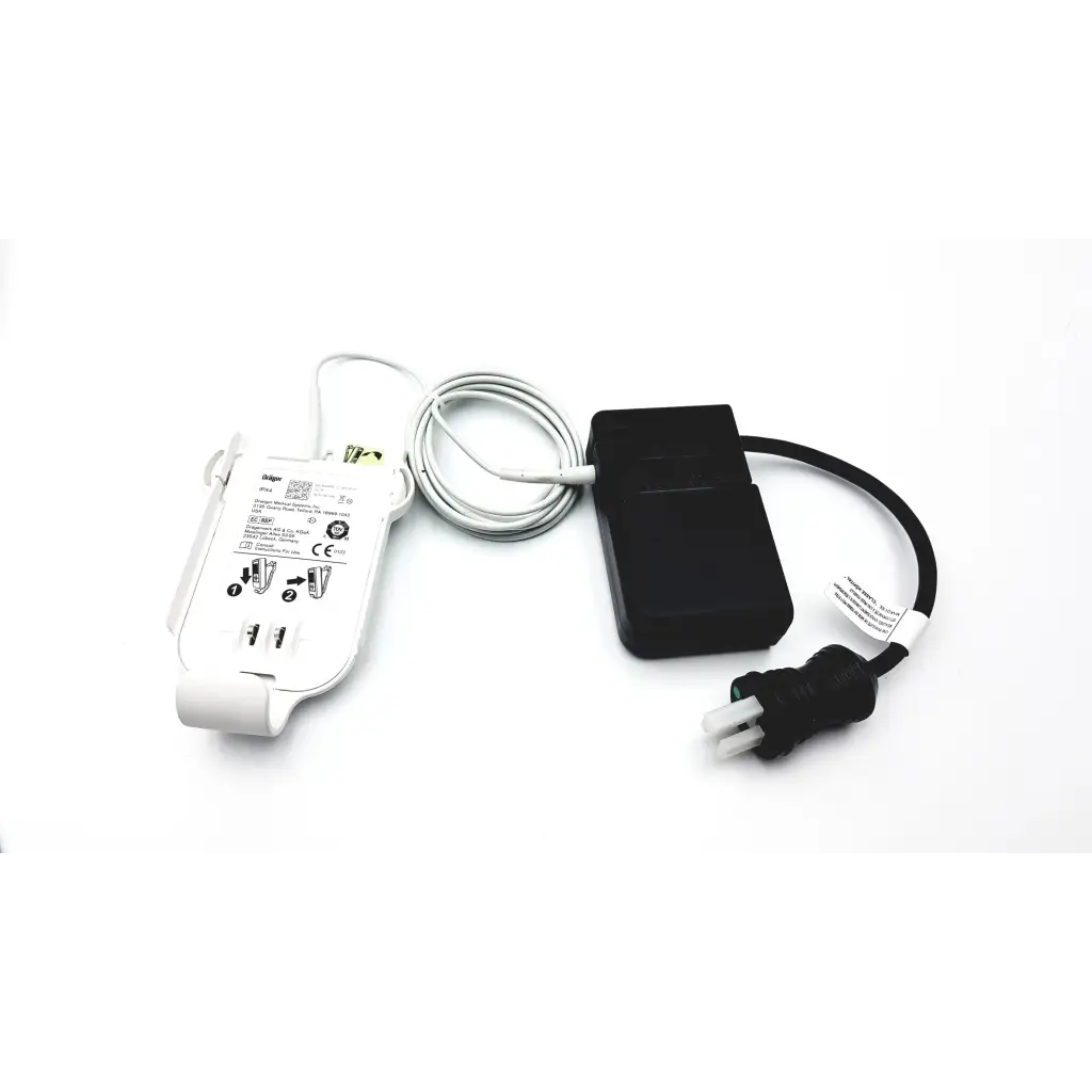 White and black power adapter with coiled cable for drager ms29558 patient telemetry bedside charge meso1004a1918