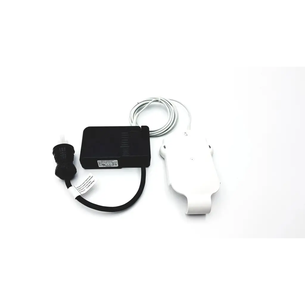 Black and white drager ms29558 patient telemetry device with coiled cable and power adapter for bedside charge meso1004a1918