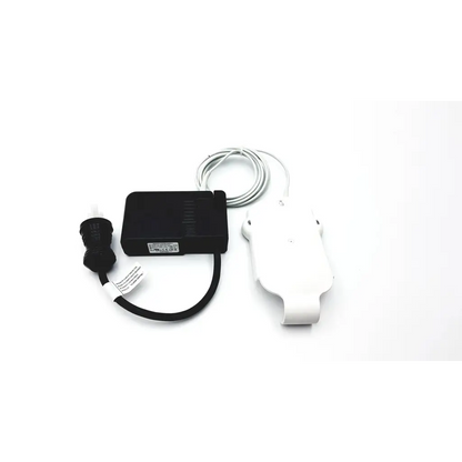 Black and white drager ms29558 patient telemetry device with coiled cable and power adapter for bedside charge meso1004a1918