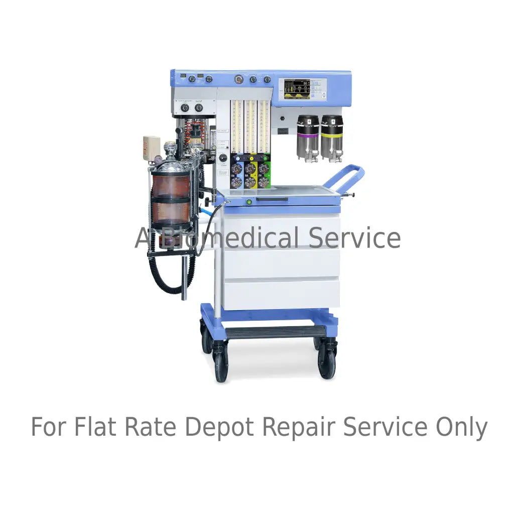 Blue and white drager narkomed gs anesthesia machine on wheeled cart with tubes and tanks for medical equipment repair service