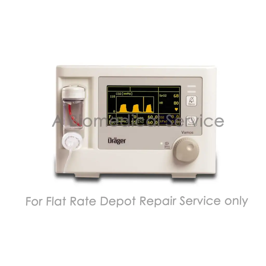 White dräger vamos anesthesia machine with digital vital signs display and fluid reservoir for medical equipment repair service