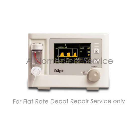 White dräger vamos anesthesia machine with digital vital signs display and fluid reservoir for medical equipment repair service