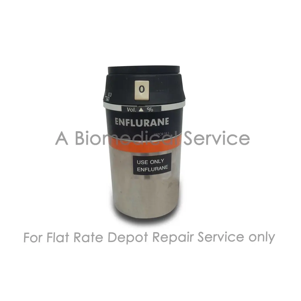 Black and silver medical gas cylinder with orange stripe for enflurane anesthesia in drager vapor 19.1 repair service medical equipment