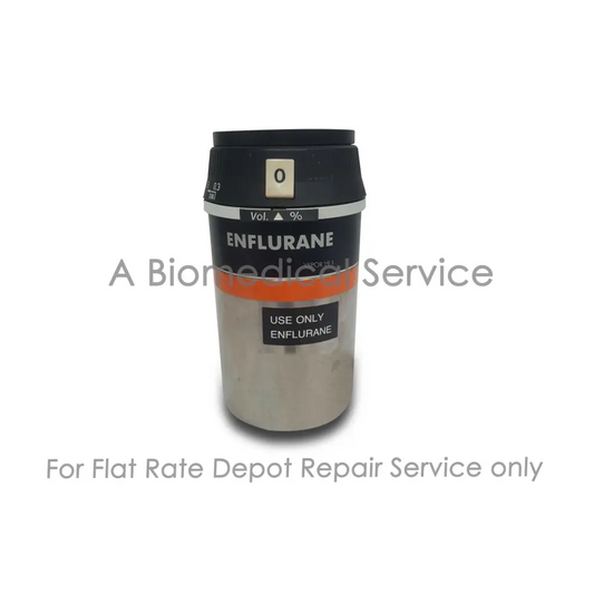Black and silver medical gas cylinder with orange stripe for enflurane anesthesia in drager vapor 19.1 repair service medical equipment