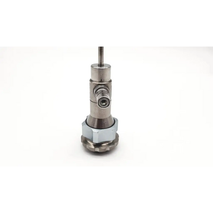 Silver metallic industrial valve with hexagonal base and threaded connections for dyonics 30° video arthroscope