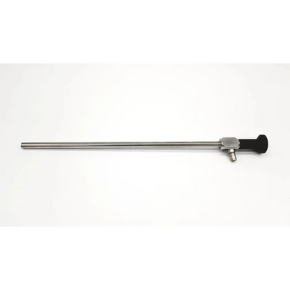 A sleek metallic dyonics autoclave laparoscope rigid with black ergonomic handle and silver joints for surgical use