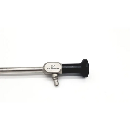 Silver metallic dyonics autoclave 30° laparoscope da46-87 with black ergonomic handle and made in germany label