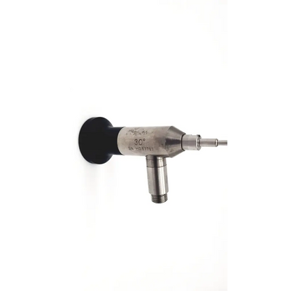 Silver metallic dyonics sn hg67767 30° arthroscope with black rubber grip and engraved markings for precision use