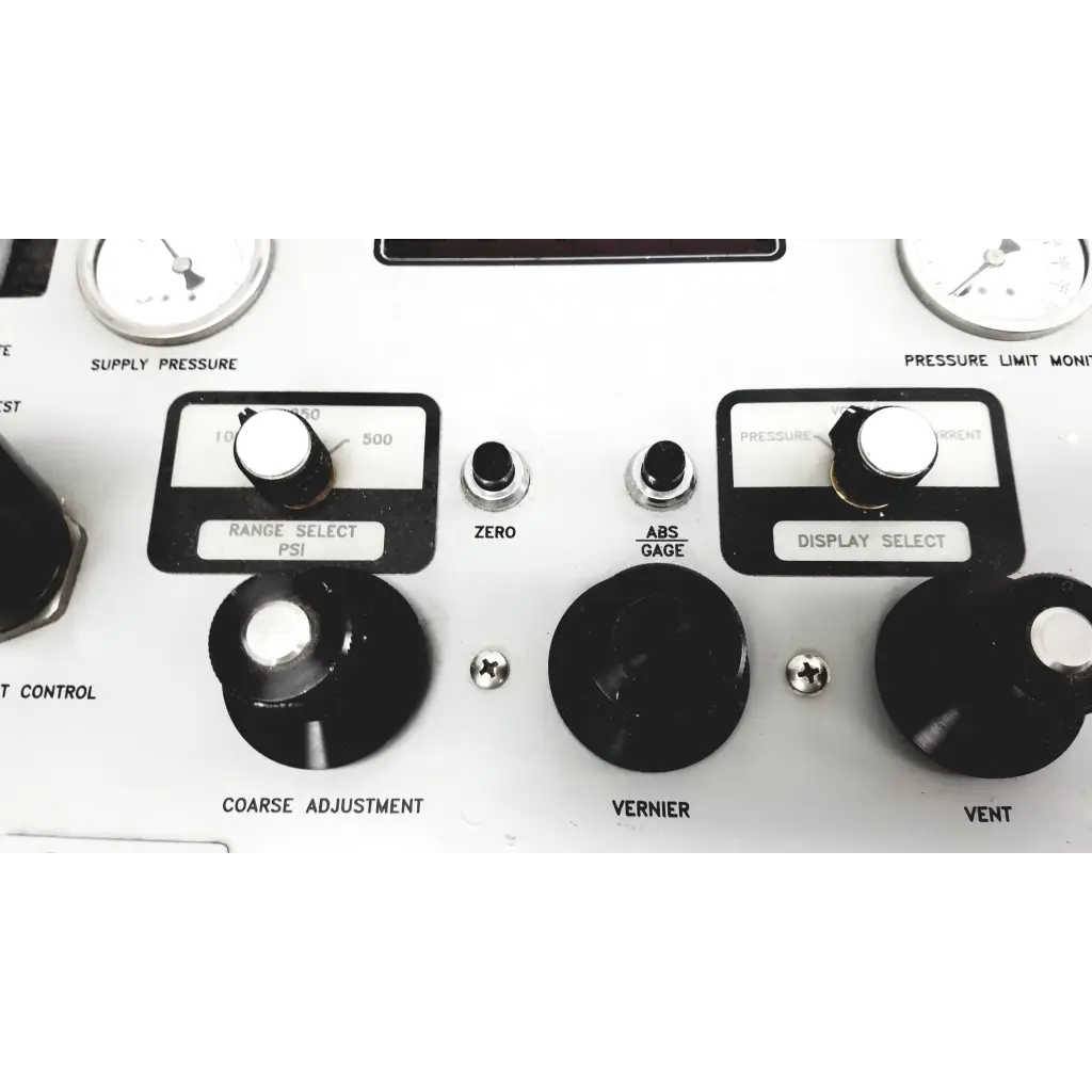 White industrial pressure control panel with black knobs and silver accents for Eaton UPC5000 pressure calibration standard