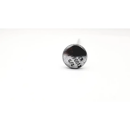A silver-colored round-headed ede 6012 g/2 trocar nail with engraved markings on its flat metal head