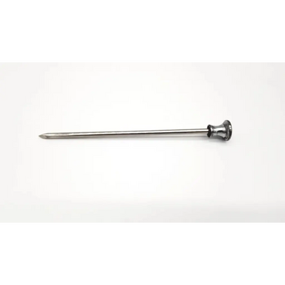 A sleek metallic eder 6012 g/2 trocar with a sharp pointed tip and rounded handle for surgical use