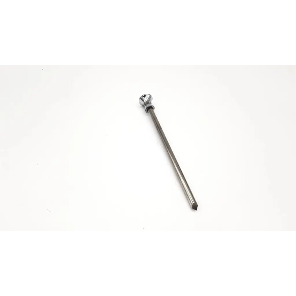 A sleek chrome-finished trocar reusable screwdriver with rounded head and tapered shaft for precise use