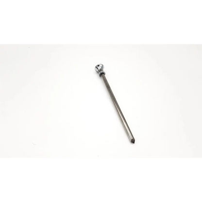 A sleek chrome-finished trocar reusable screwdriver with rounded head and tapered shaft for precise use