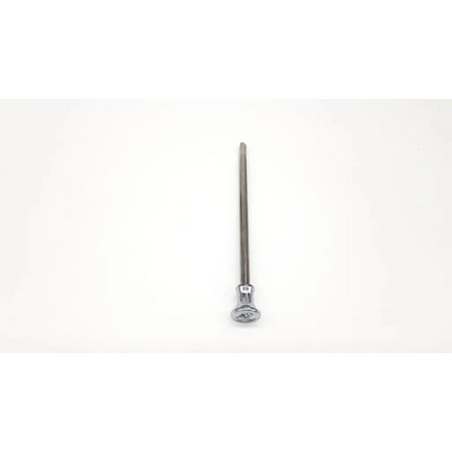 Silver-colored metal trocar reusable valve stem with polished chrome finish and engraved markings on base