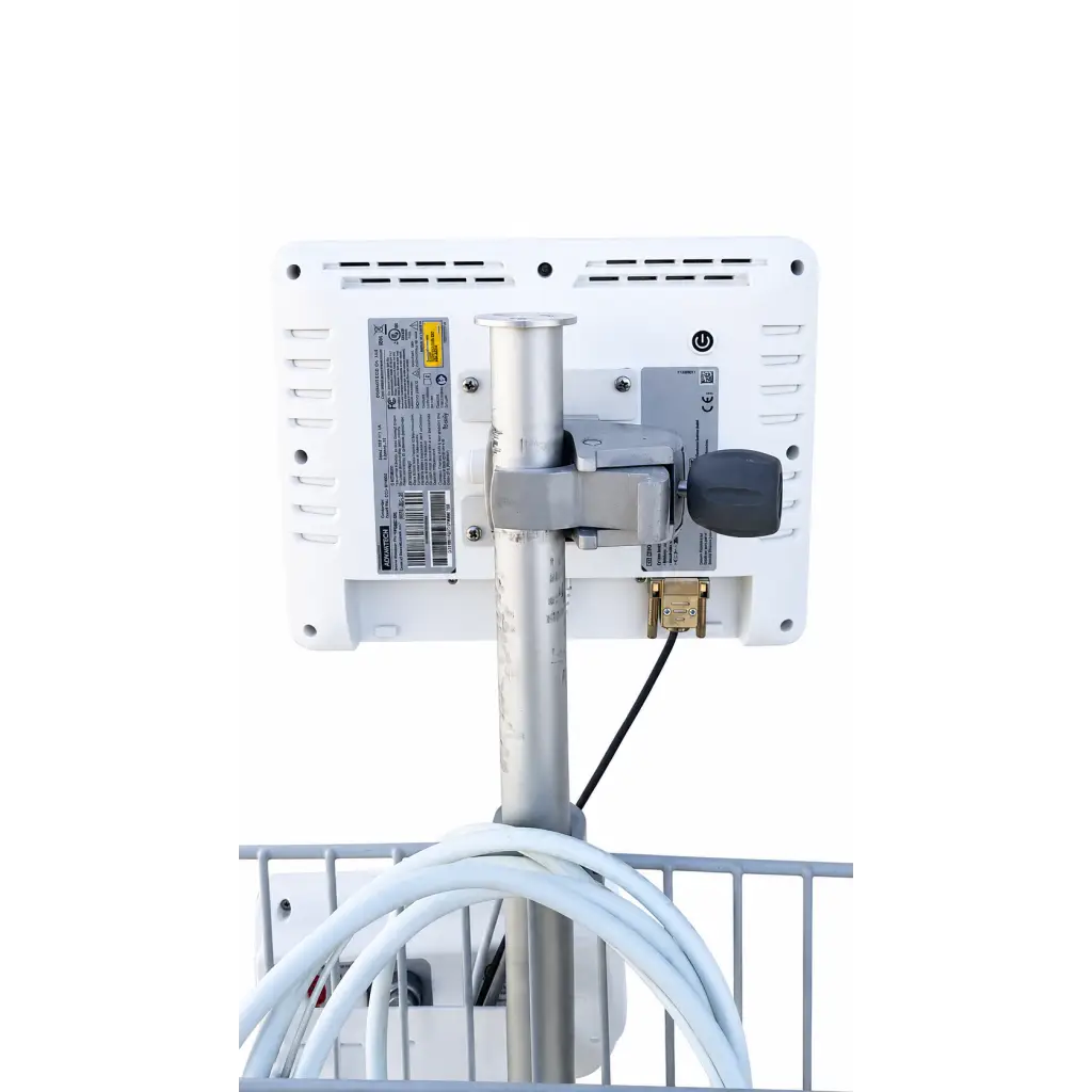 White rectangular edwards lifesciences ev1000 clinical platform outdoor monitor with black power button mounted on silver pole