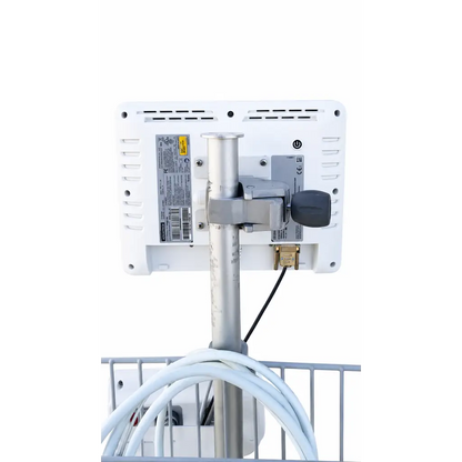 White rectangular edwards lifesciences ev1000 clinical platform outdoor monitor with black power button mounted on silver pole