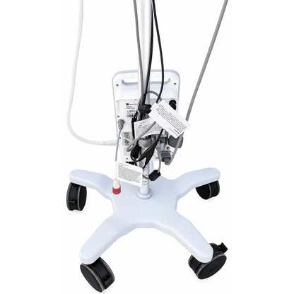White medical monitor stand with black wheels and cables attached to central pole for edwards lifesciences ev1000 clinical platform
